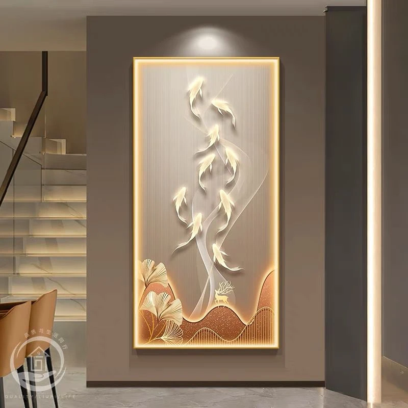 九鱼图入户正对门玄关装饰画led灯画寓意好壁画轻奢走廊过道挂画