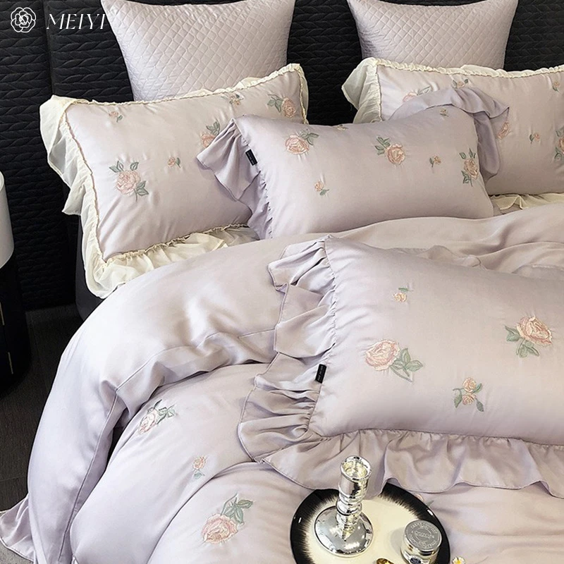 水星系列家纺田园花卉60支天丝四件套冰丝夏季少女心刺绣被套凉感