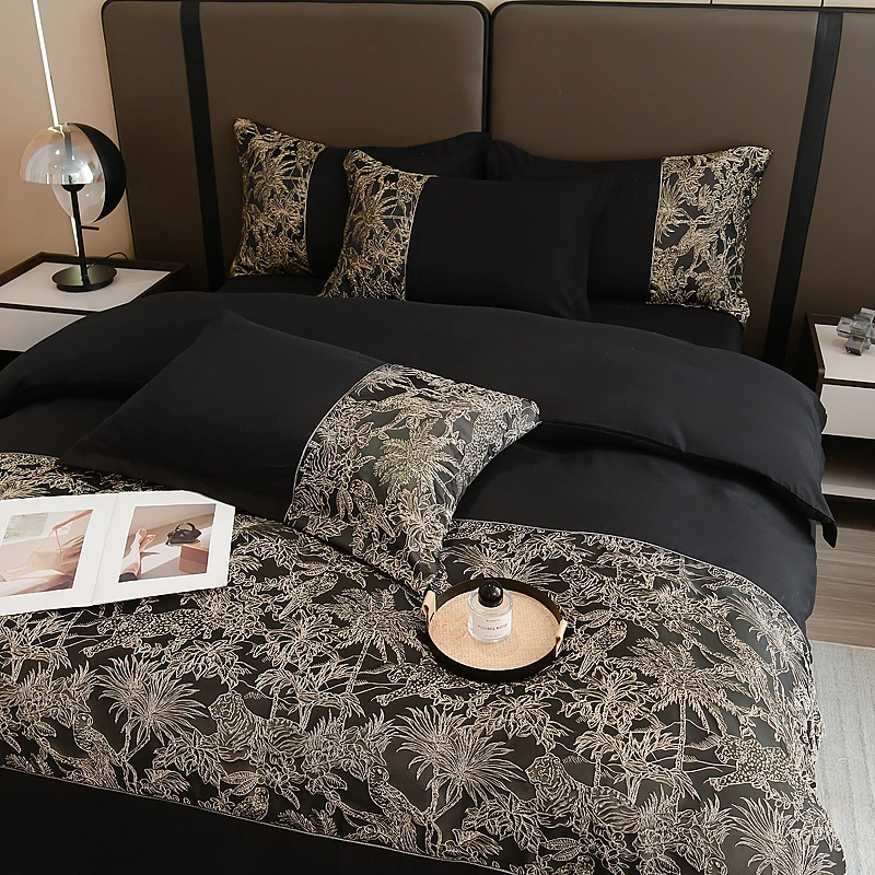 水星高端系列家纺高级感黑色四件套轻奢加厚磨毛刺绣床单亲肤裸睡