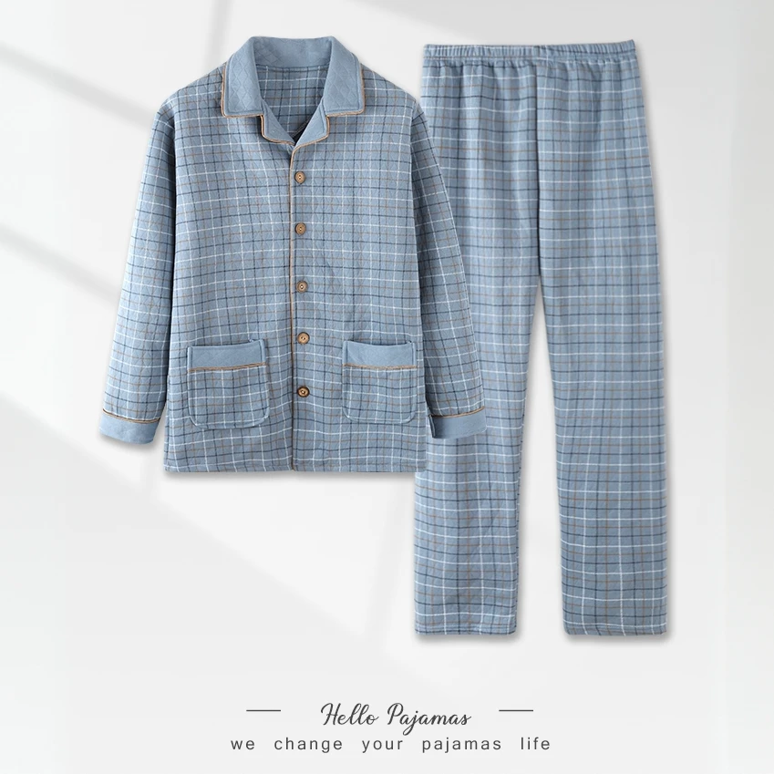 帕兰朵空气棉睡衣男士春秋加厚纯棉长袖保暖家居服秋冬薄夹棉套装