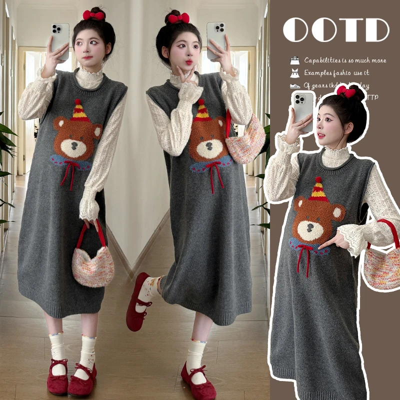 孕妇装秋装2024新款秋冬季套装时尚蕾丝上衣卡通毛衣背心裙两件套