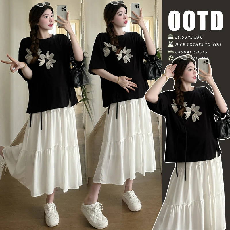 时髦孕妇装夏季洋气韩版宽松舒适设计感国风T恤+蛋糕裙外穿洋气女