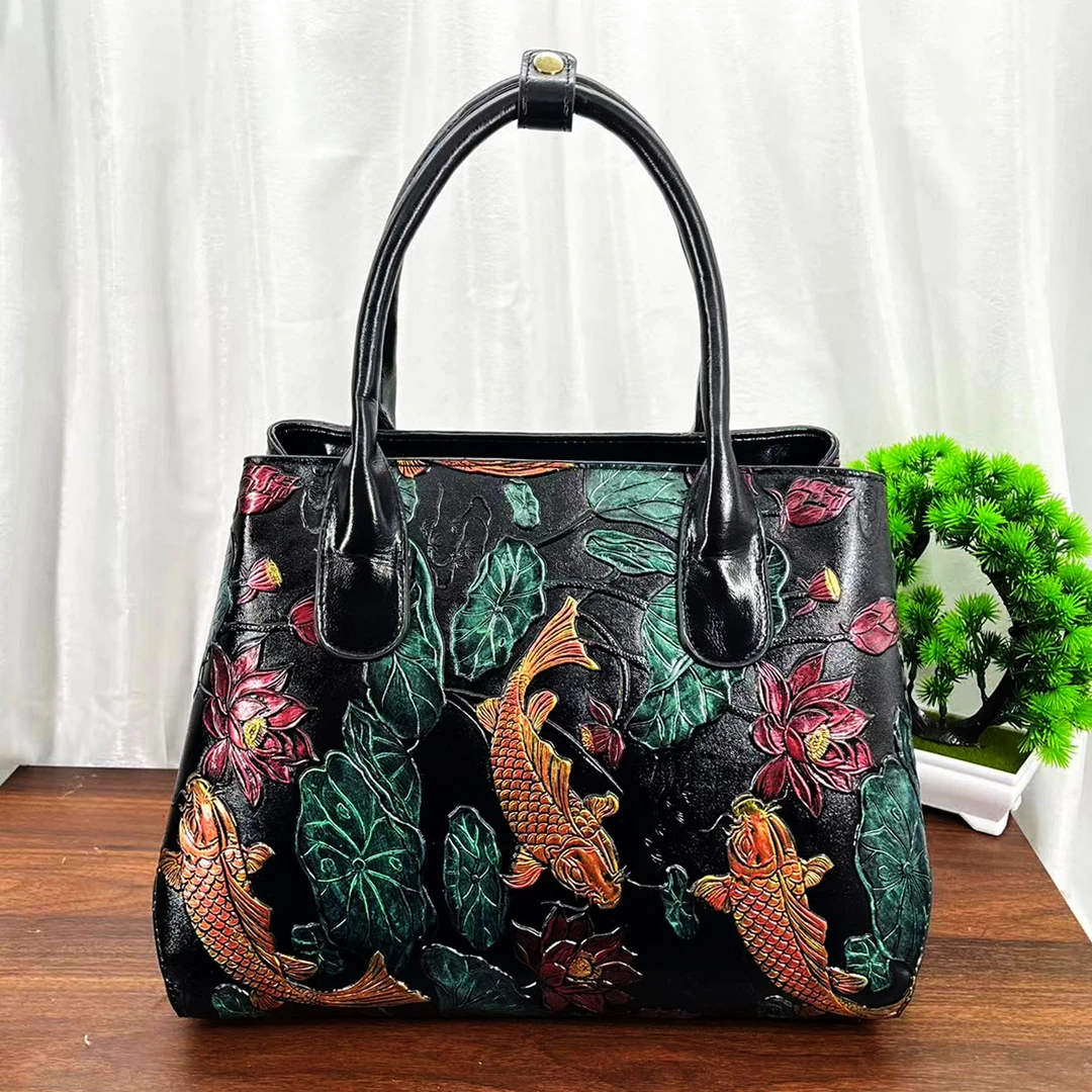 (31x13x25)中国风时尚单肩手绘荷花红鲤单肩包气质百搭斜跨手提包