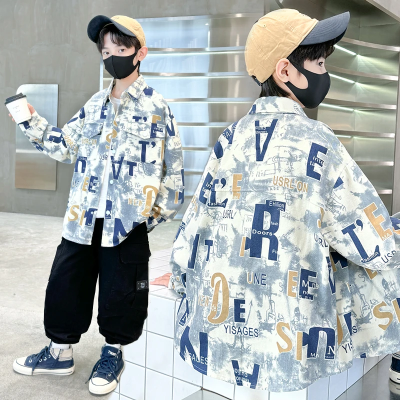 男童秋装外套2025新款春秋季中大童满印大字母扎染衬衫洋气炸街潮