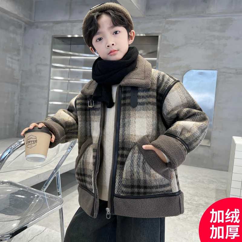 儿童装男童格子加绒外套2025冬季男孩加厚长袖格子保暖上衣中大童
