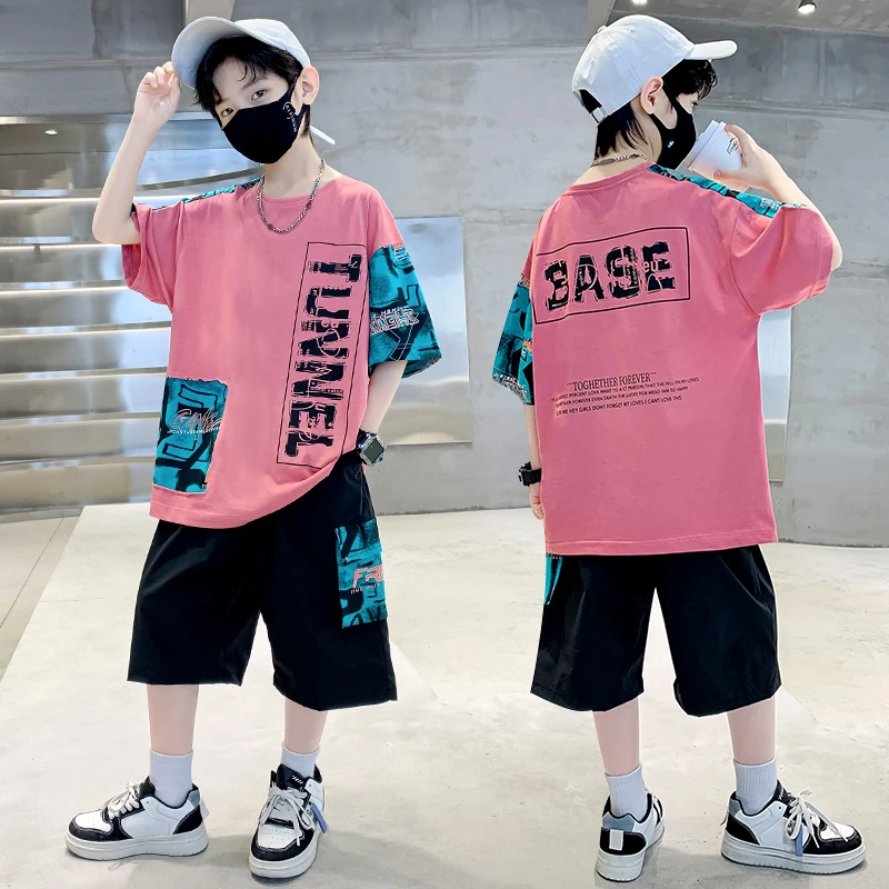 儿童装中大童男童衣服夏装字母拼接短袖短裤套装洋气休闲夏款炸街