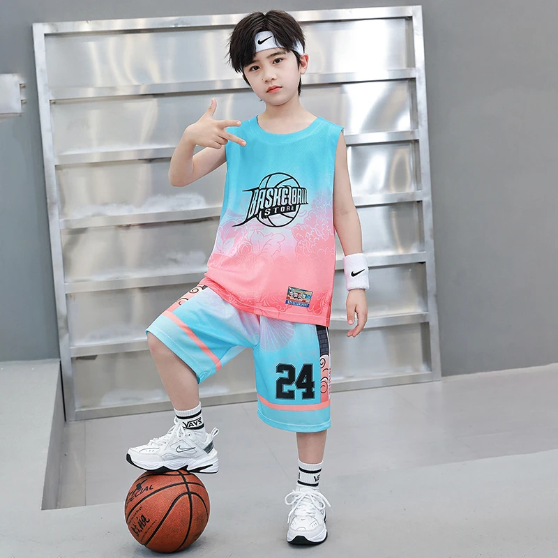 男童球服2024夏季速干中国篮球服无袖背心中大童男孩薄款训练套装