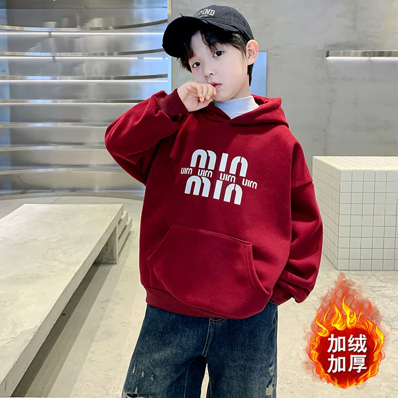 童装加绒连帽卫衣2024新款中大童男孩冬季时尚字母绣花套头上衣潮