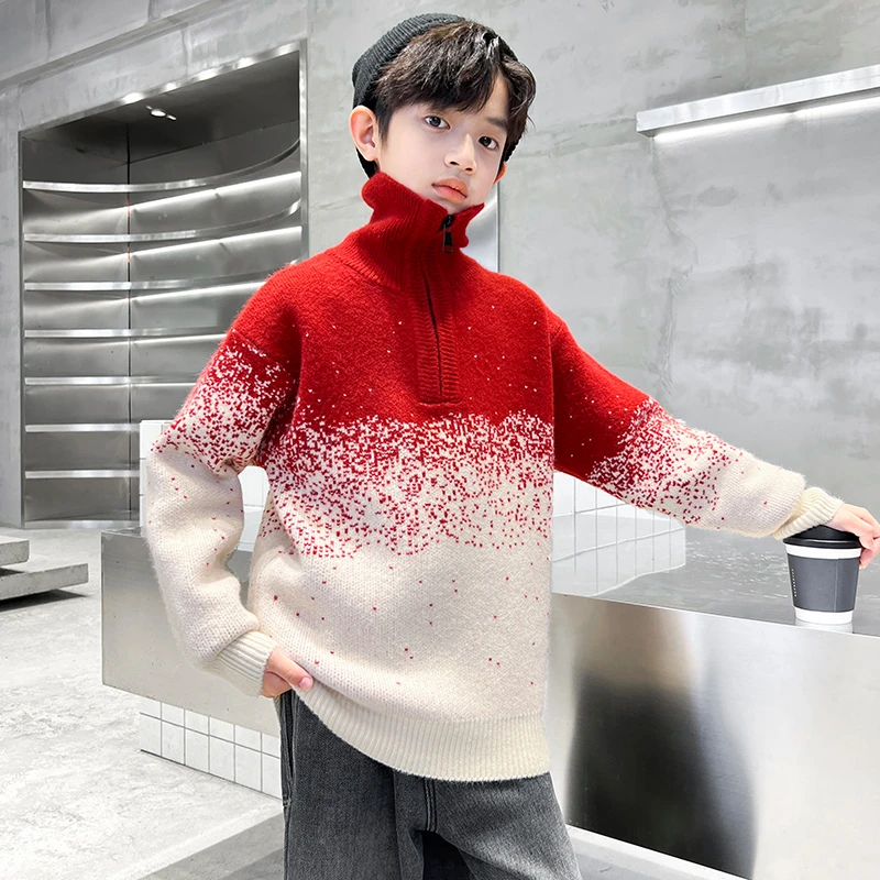 儿童毛衣男童2024冬季潮酷时尚渐变加厚半拉链套头毛衣洋气休闲