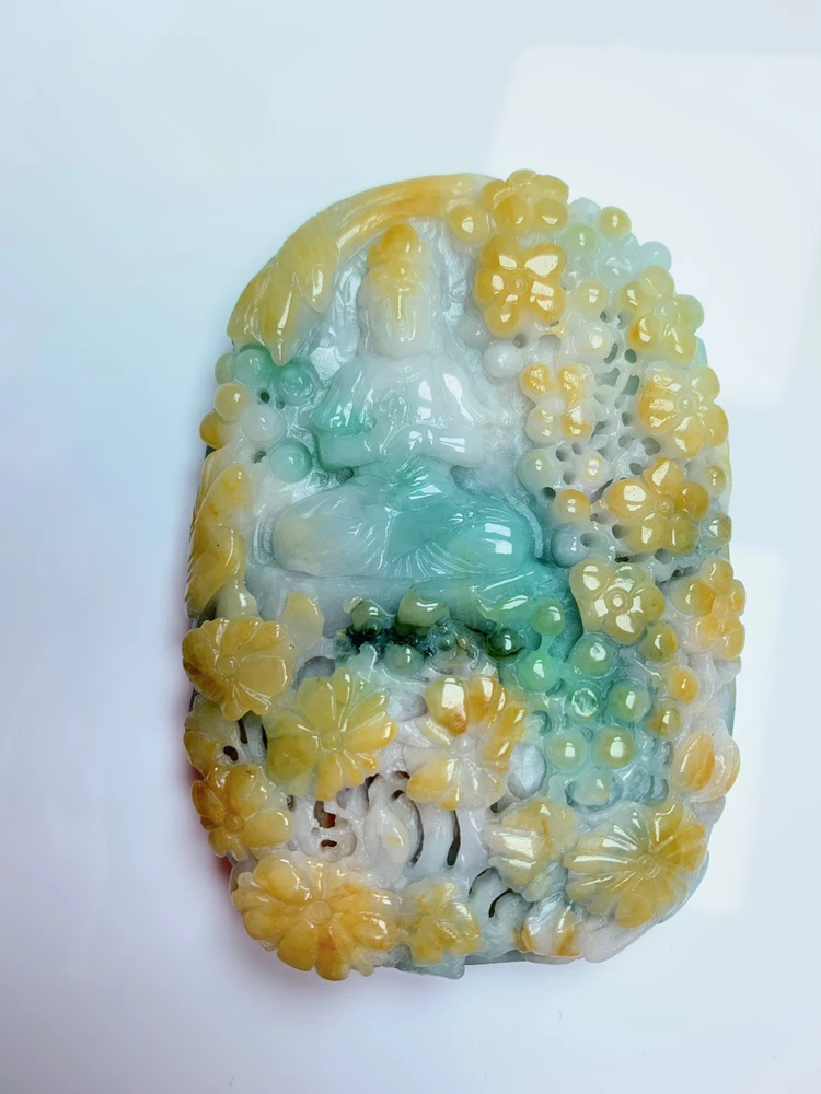 天然翡翠A货黄加绿大件厚装观音吊坠
