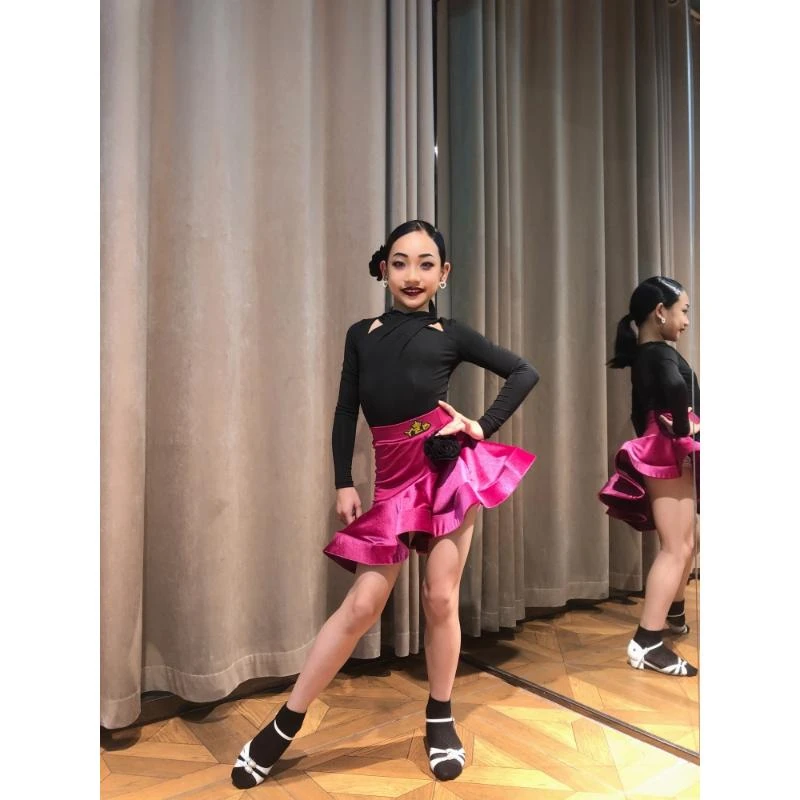 儿童拉丁舞服冬季长袖秋季丝绒练功表演演出服少儿女童裙2023新款