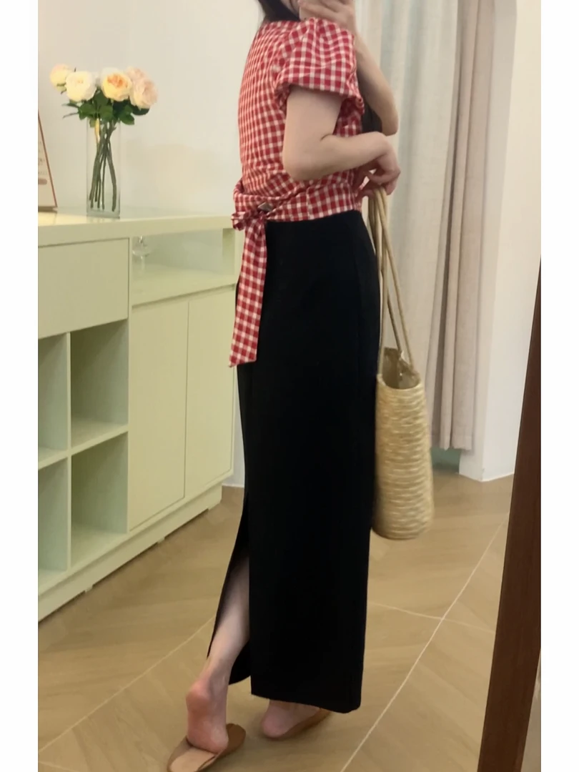 大码黑色小个子中长款半身裙女后开叉显瘦高腰西装裙2025春季新款