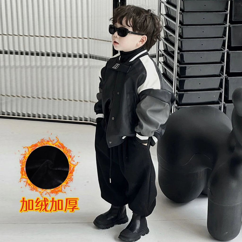 儿童外套秋冬韩版棒球服男女童休闲拼接皮衣美式潮酷夹克加绒上ET