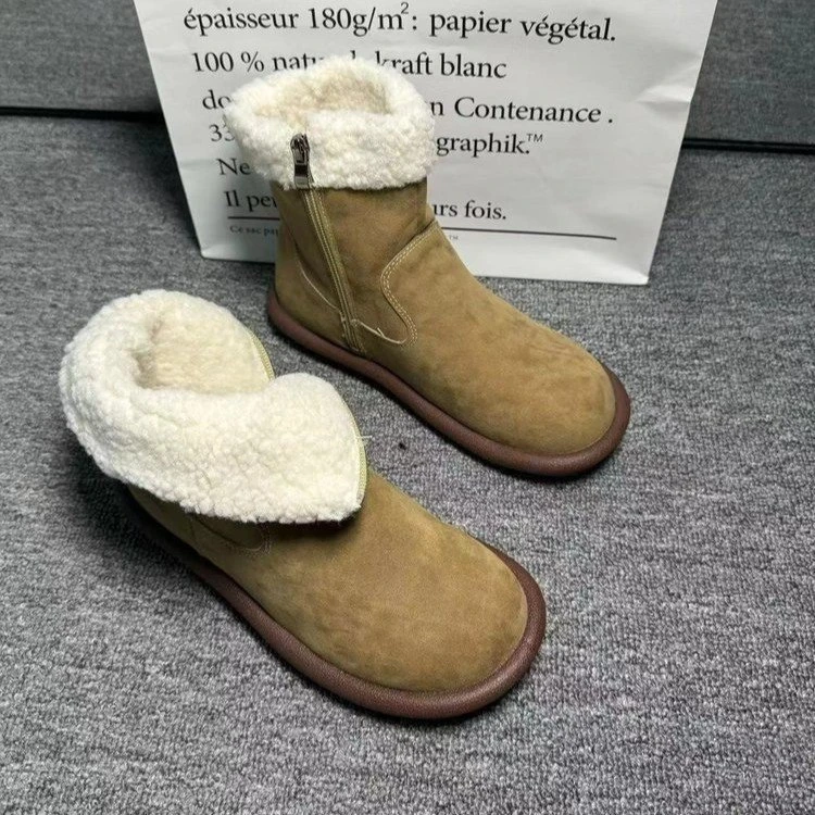雪地靴人造短毛绒绒面冬季橡胶侧拉链短筒低跟圆头靴子休闲百搭