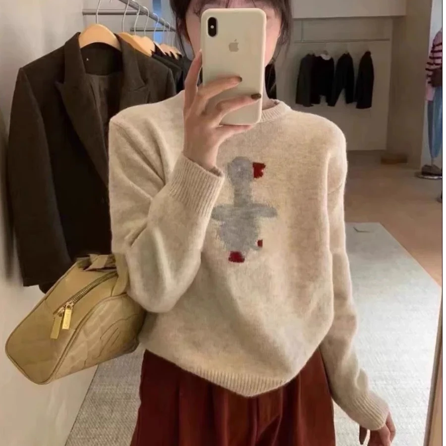 韩系圆领女卡通小鸭子提花秋冬新款宽松针织衫打底毛衣时尚百搭