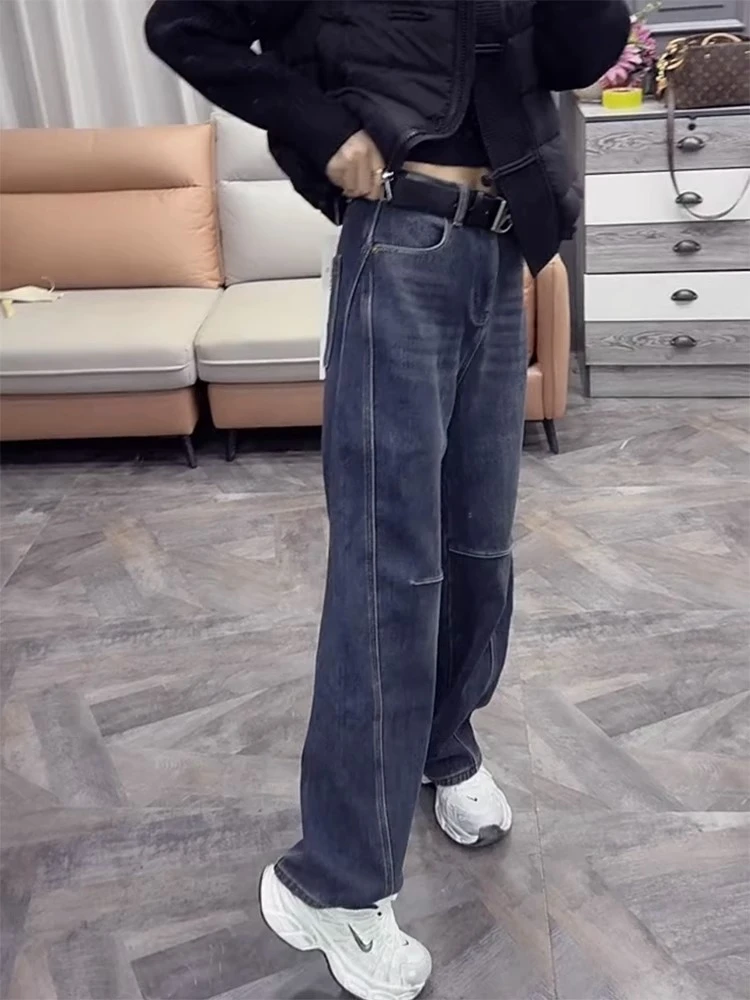 2024秋冬新款加绒牛仔裤女大码显瘦直筒裤弯刀阔腿裤遮肉加厚长裤
