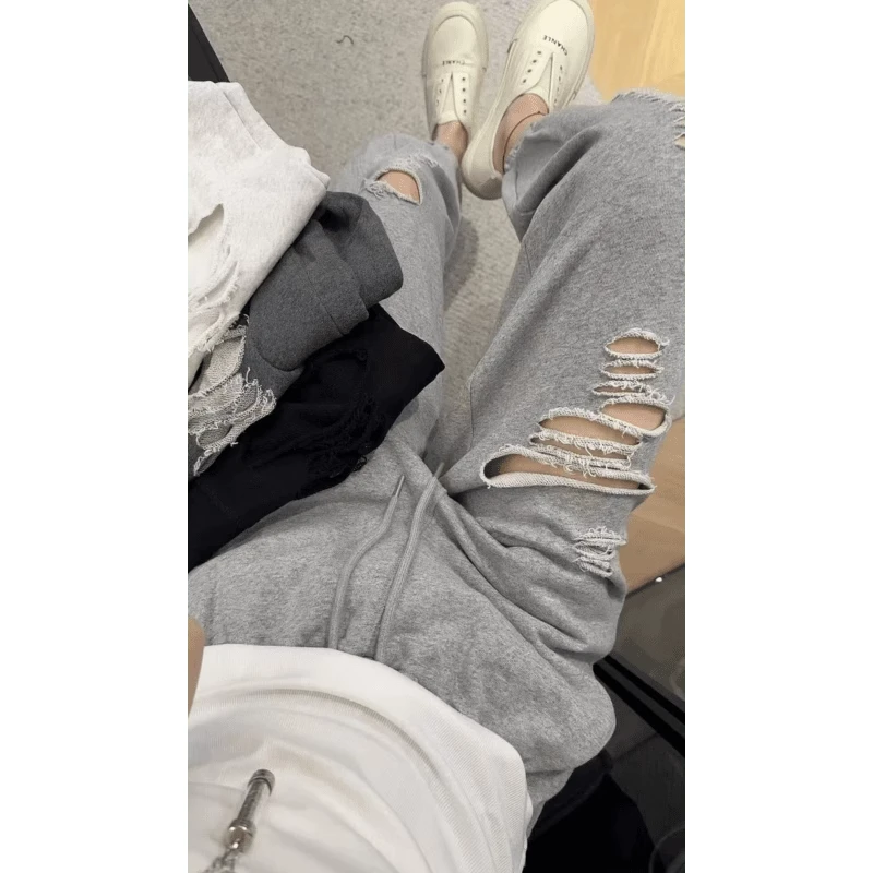 2025夏季新款大码高腰抽绳破洞哈伦裤胖mm小个子显瘦九分休闲卫裤