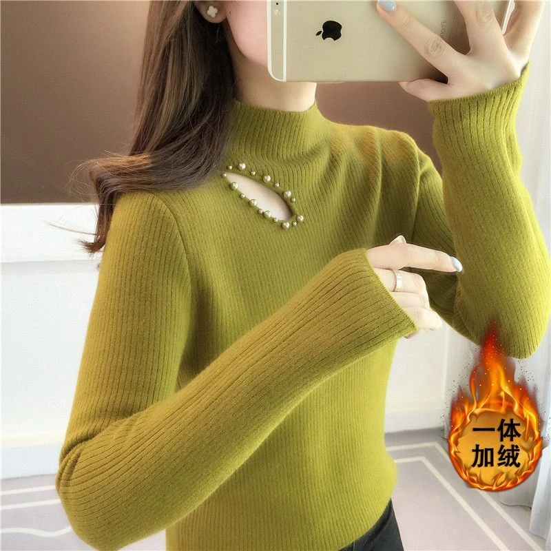 2025新款秋冬季镂空半高领打底衫女内搭加绒加厚针织衫一体绒毛衣