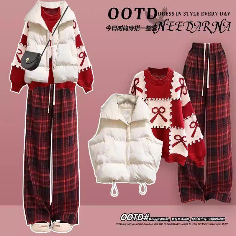 初中16高中学生14女孩时尚秋冬针织毛衣阔腿裤学院风三件套装15岁