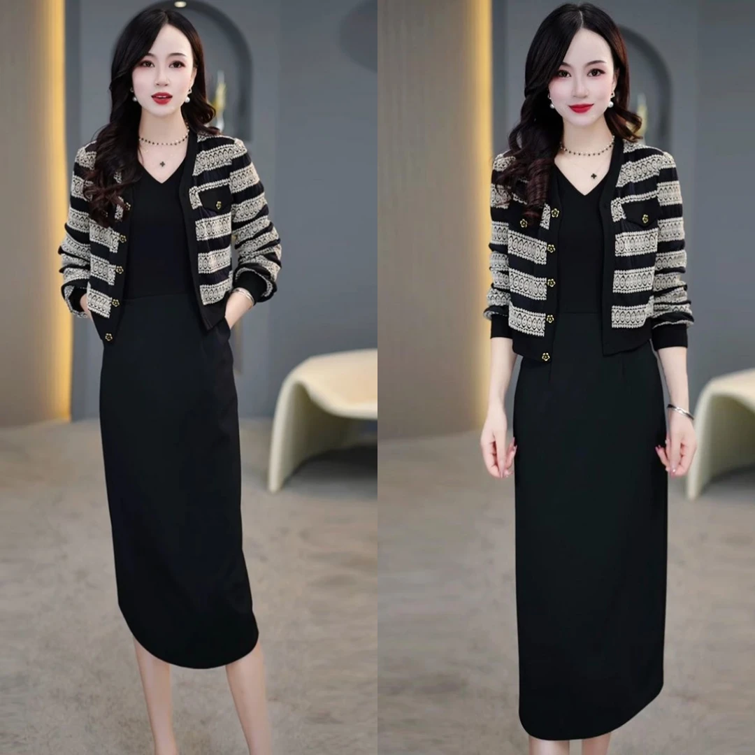 高档气质条纹两件套连衣裙女2025春季新款阔太太洋气减龄套装裙子