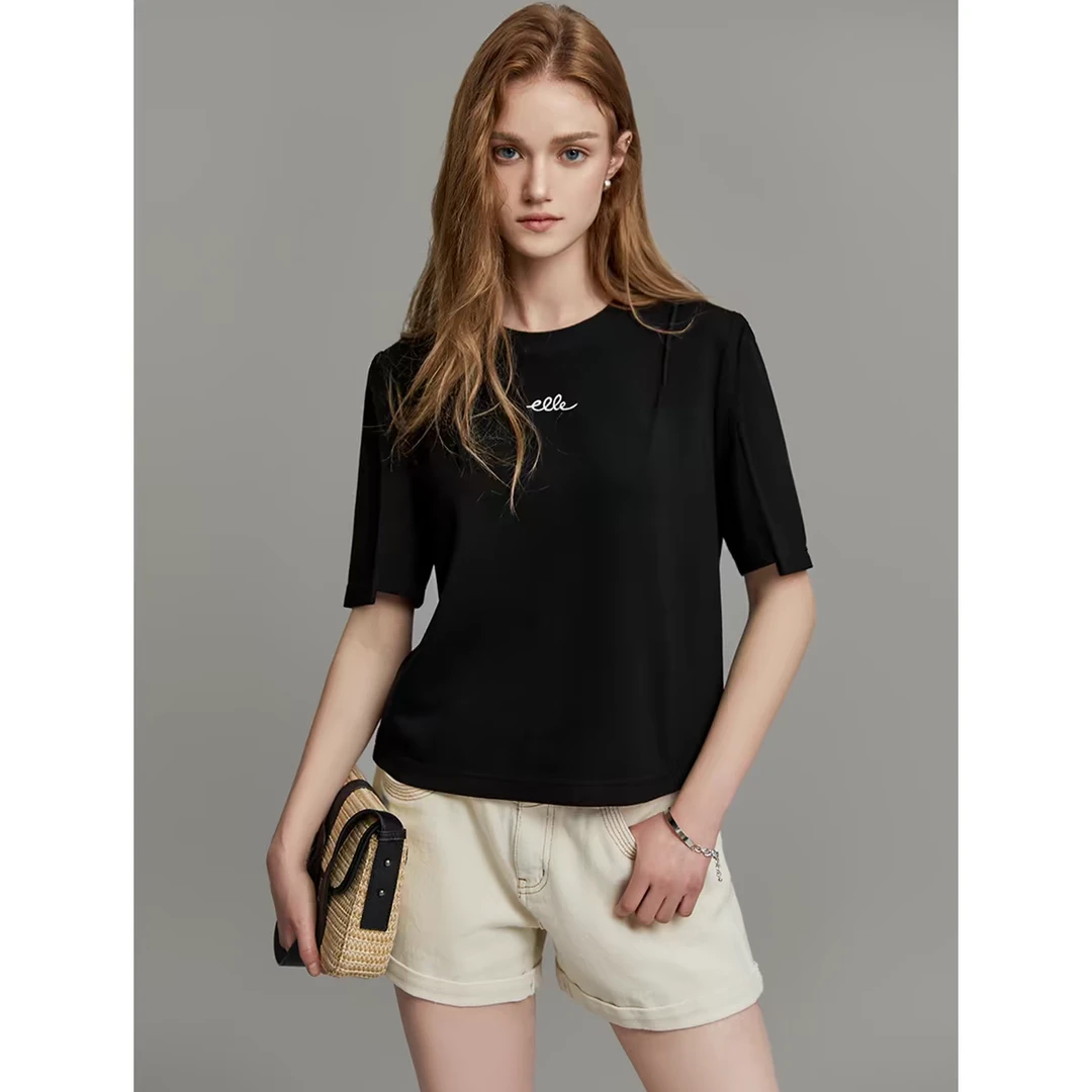 艾拉黑白色法式字母刺绣T恤女2024夏新款设计感简约小众短袖上衣