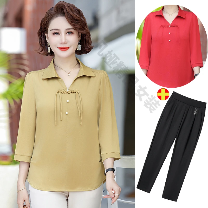 妈妈装时尚V领衬衫2024夏装新款洋气质显瘦减龄中老年女休闲上衣