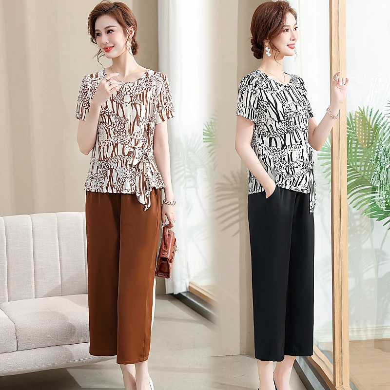 年轻妈妈夏季套装2023新款时尚洋气女短袖上衣中老年高贵显瘦套装