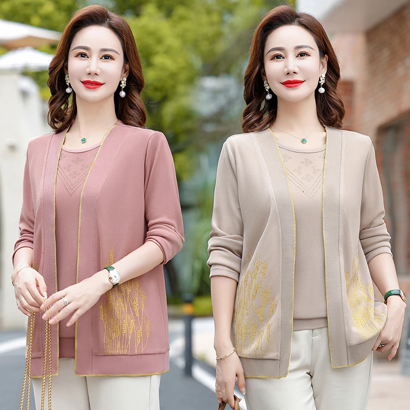 妈妈秋装两件套时尚高贵小衫中年女装针织衫中老年洋气假两件开衫