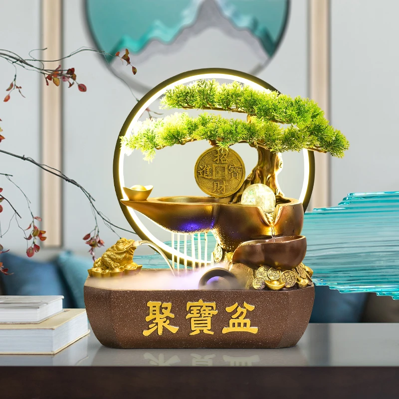 聚宝盆摆件假山流水循环水高山景观办公室前台桌面开业礼物装饰品