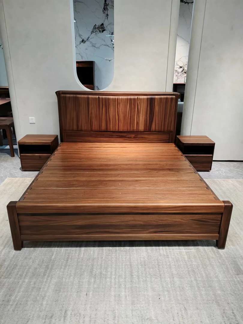 简约橡木原木纯实木主卧黑胡桃成人中式成人双人床储物轻奢高端