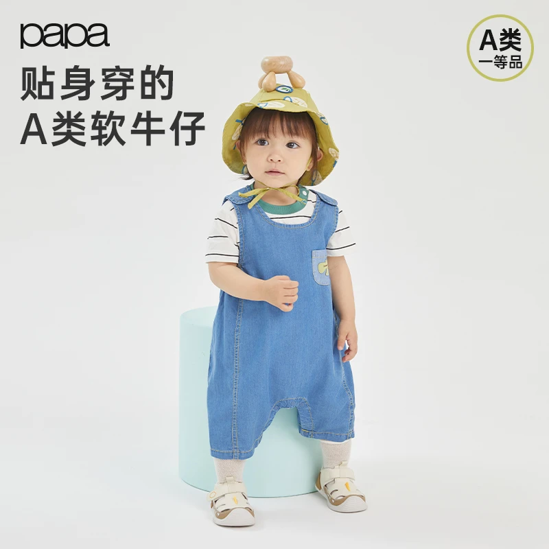 papa爬爬儿童牛仔宝宝薄款无袖柔软舒适外穿爬服