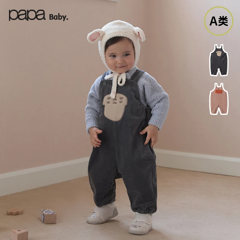 papa爬爬婴儿背带裤春秋贴布婴儿衣服连体灯芯绒背带