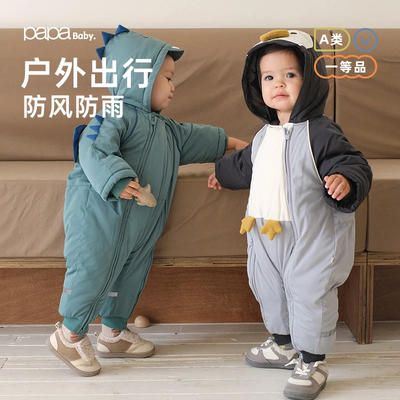 papa爬爬冬季新款男女宝宝夹棉连体衣婴儿爬服外出保暖防水防风