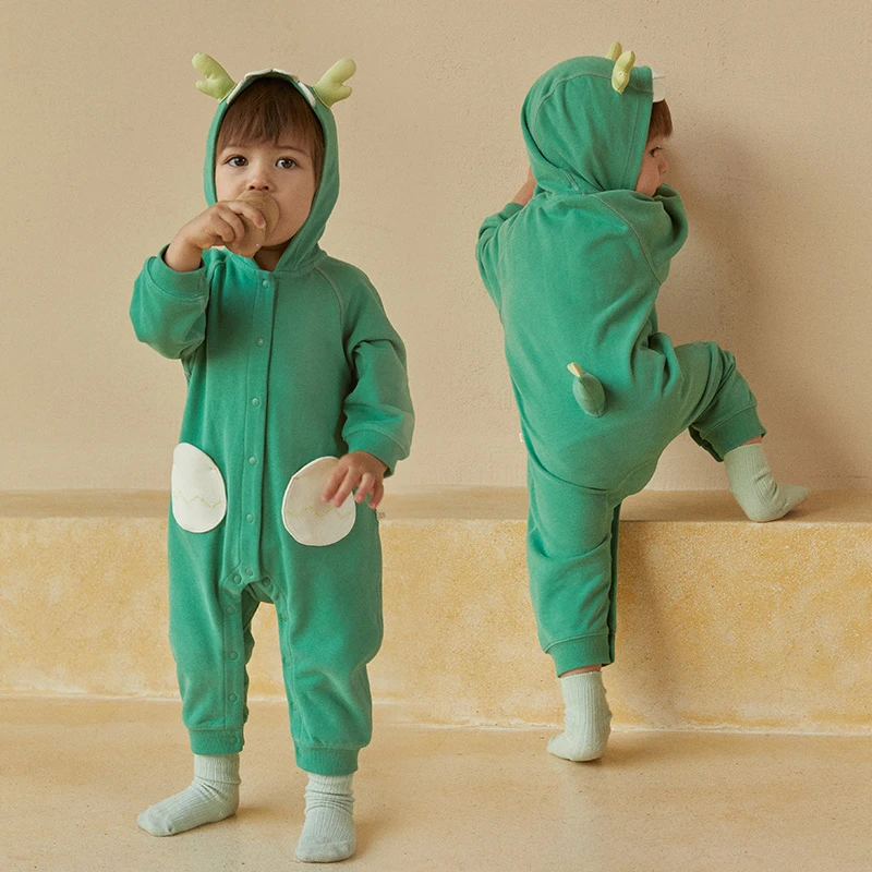 【糯米棉】papa爬爬春款长袖婴儿连帽恐龙爬服连身衣