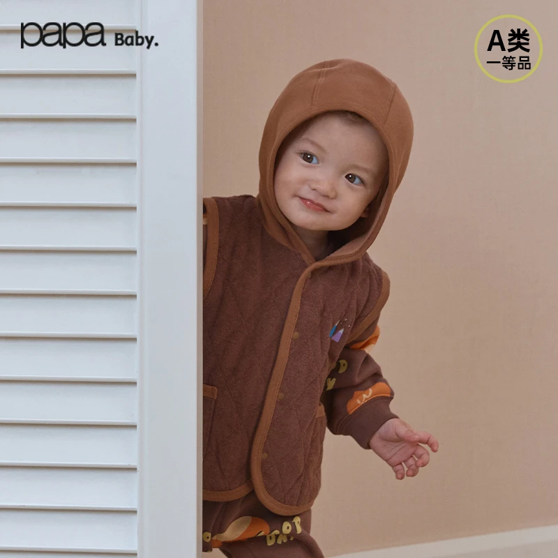 papa爬爬冬季婴儿马甲毛巾布绗缝连帽棉外出保暖