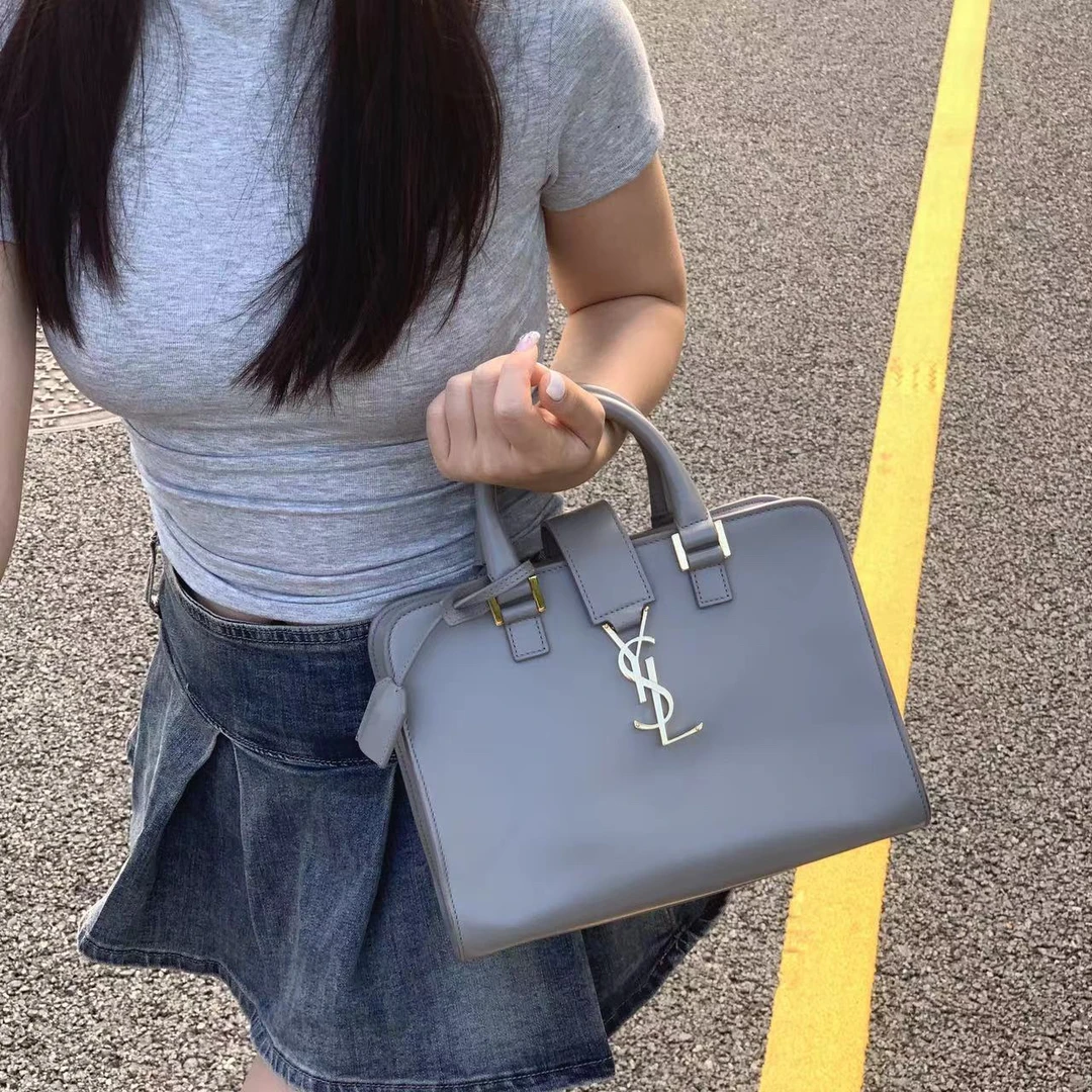 95新 YSL/圣罗兰 大象灰小号托特手提斜挎包D1343