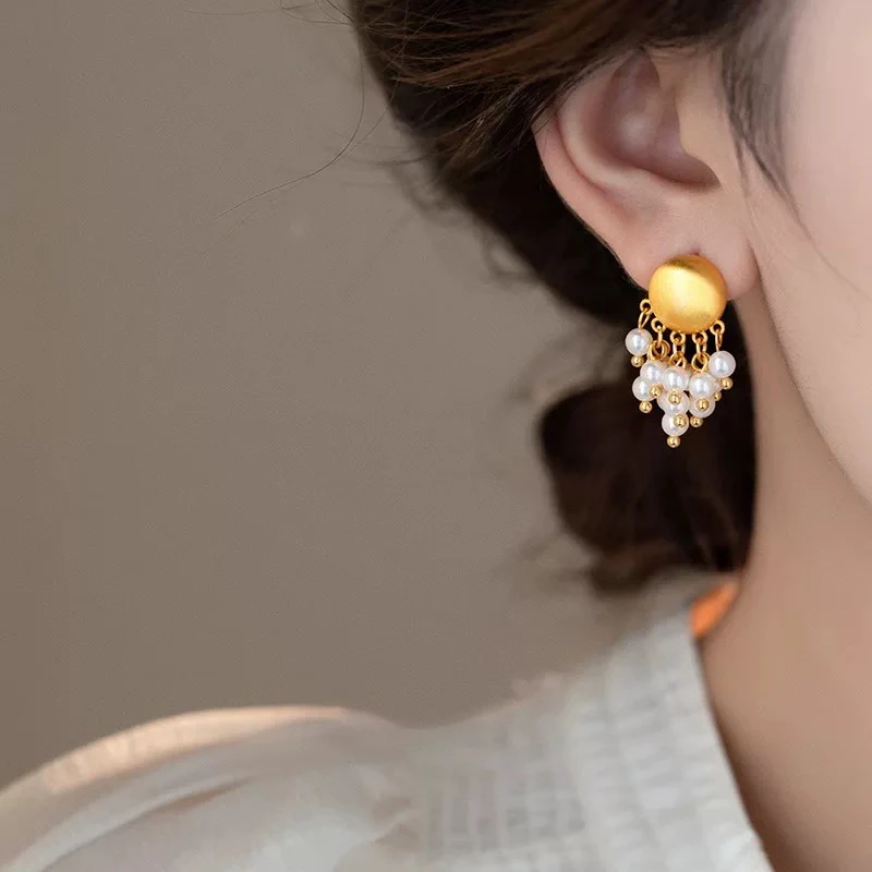 铜合金仿珍珠耳饰 法式金属珠珠流苏925纯银针耳坠小众设计感复古