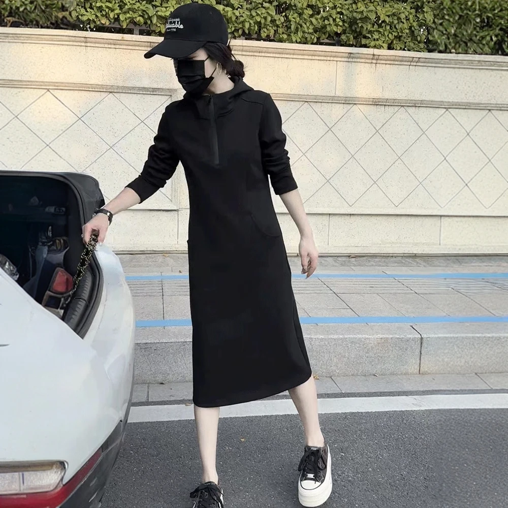 拉链连帽黑色打底连衣裙长袖休闲遮肉减龄炸街衣服漂亮洋气裙子