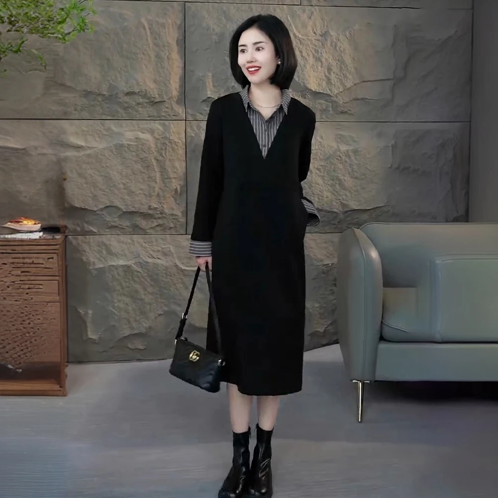 长裙女春季款爆款条纹拼接连衣裙女假两件连衣裙春款2025新款爆款