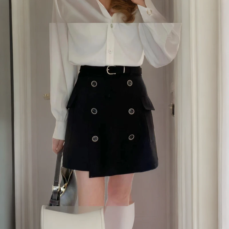 双排扣韩式短裙设计感新款A字半身裙显瘦高腰百搭洋气