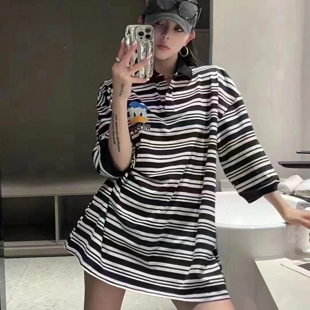 时尚百搭中长款条纹T恤女宽松时尚减龄欧货oversize短袖