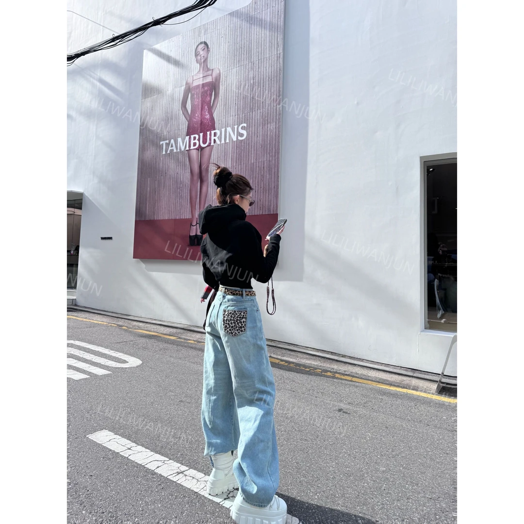 婉君【背后豹纹口袋】秋冬韩版百搭加绒阔腿牛仔裤LWJ24D4K2426