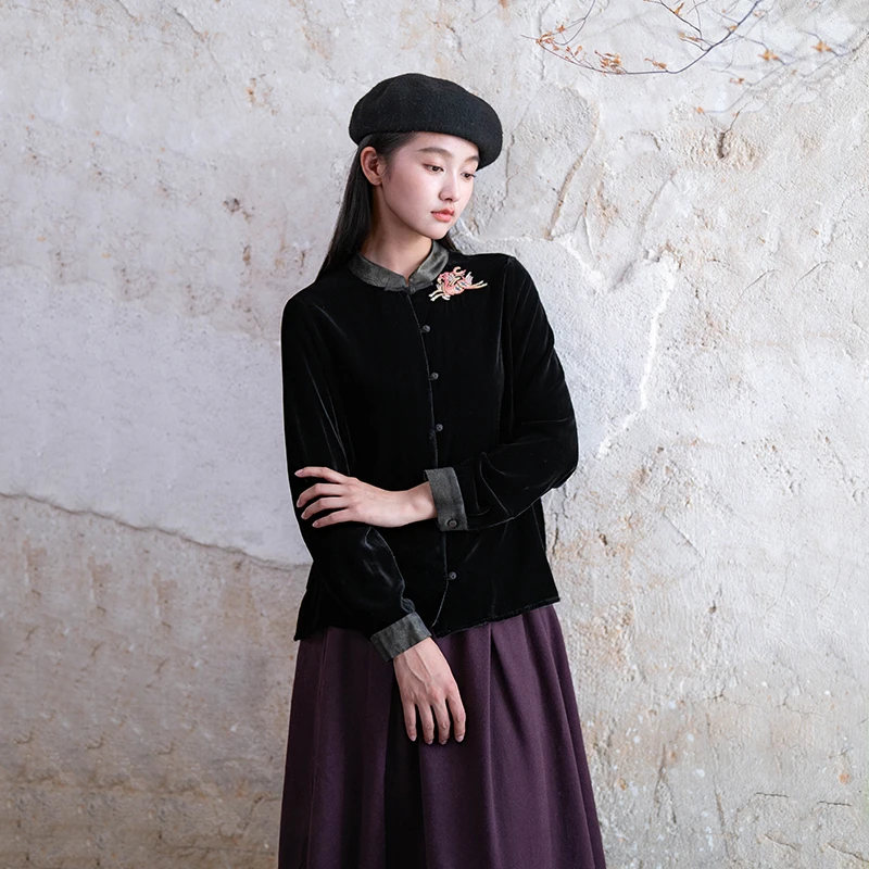 【6A级别丝绒】言作秋冬新品新中式手工绣花衬衫女 人间好时 二