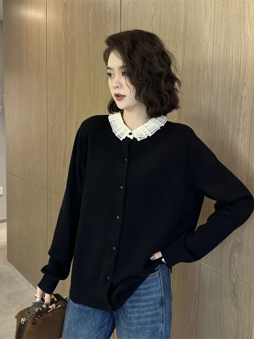 大码显瘦撞色百搭长袖针织衫女圆领长袖宽松春秋毛衣设计感上衣潮