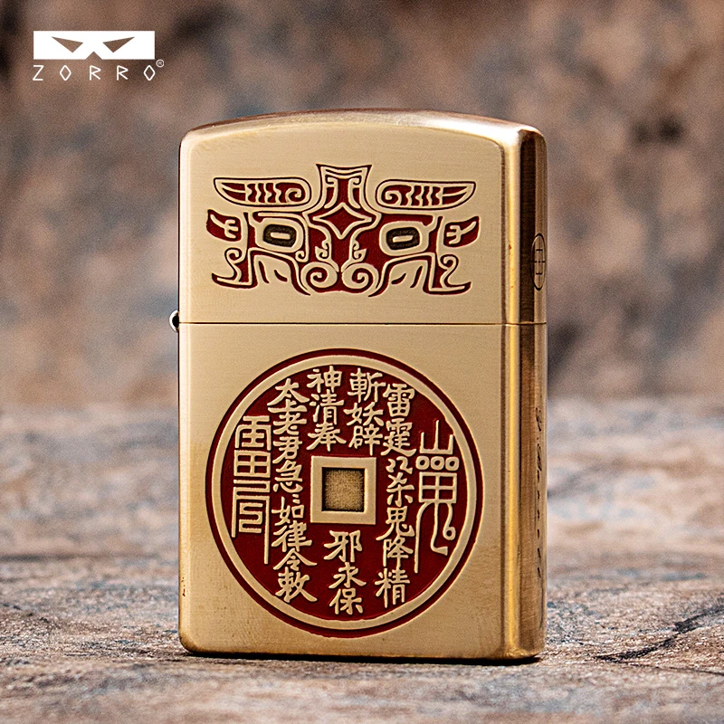 ZORRO佐罗二代煤油打火机山鬼花钱联名巴雷特精雕填朱砂原铜复古