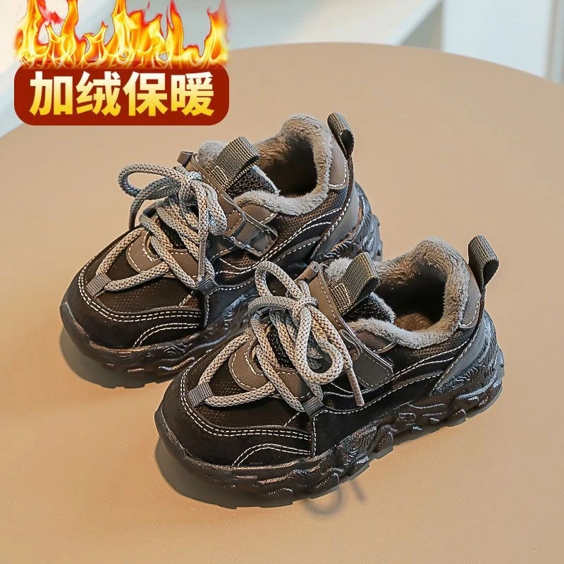 男童运动鞋冬季加绒鞋女童保暖棉鞋软底中大童宝宝儿童皮面跑步鞋