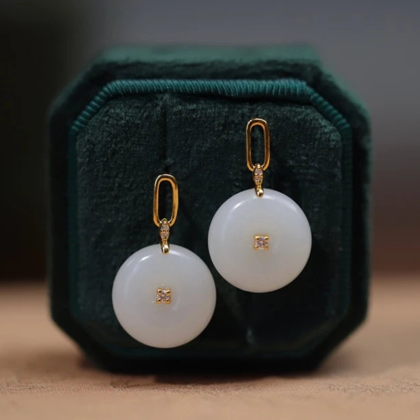 新疆和田玉18K金平安扣耳坠耳钉