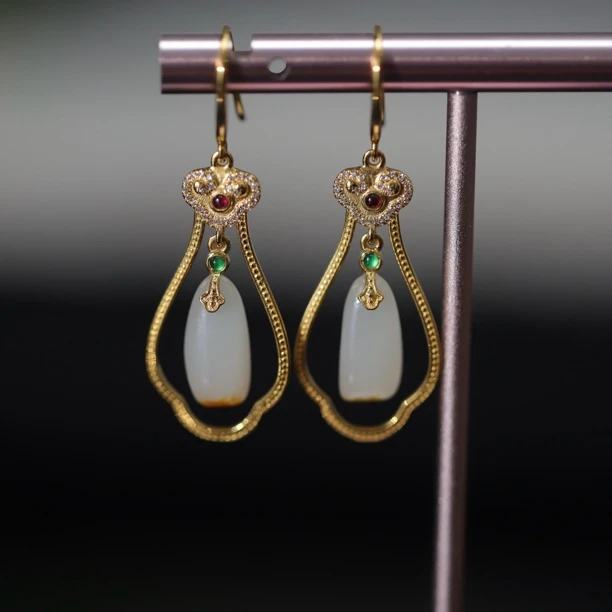 新疆和田玉18K金如意耳坠耳环耳饰设计款