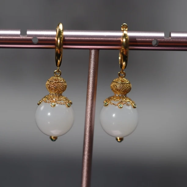 新疆和田玉18K金葫芦圆珠耳坠和田玉耳饰耳扣12mm