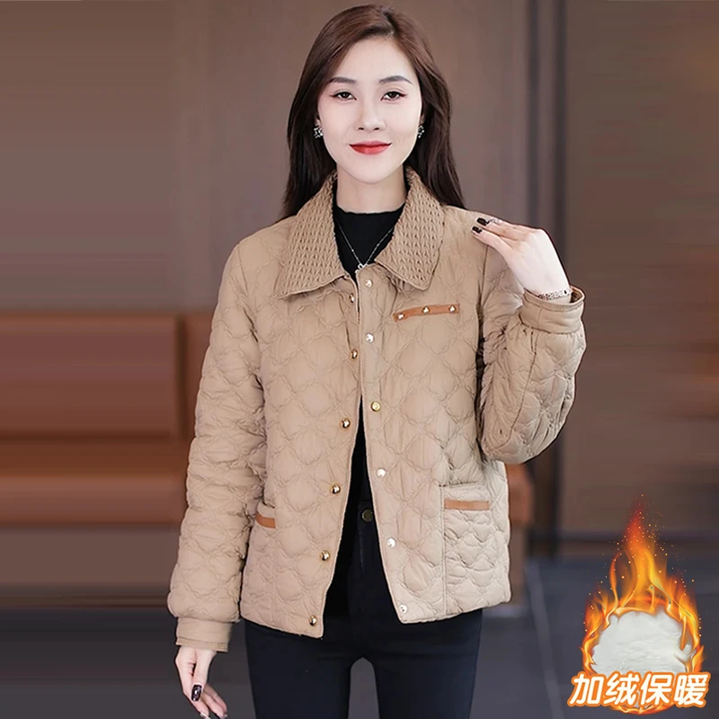 2025年冬季新款小个子菱形格轻薄棉衣妈妈装时尚洋气百搭棉服外套